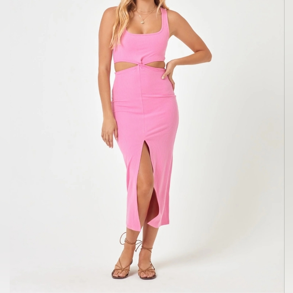 L*SPACE | REVOLVE | SKYLAR DRESS PINK TIEKNOT WAIST MIDI PINK RIBBED SIZE MEDIUM - Picture 1 of 8